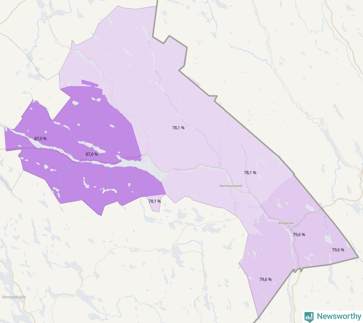 Koroplet-karta över partiets stöd i kommunens valdistrikt. Se tabell.
