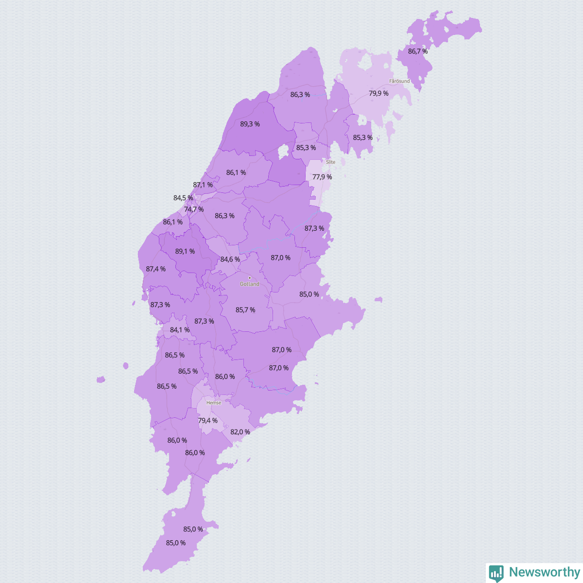 Koroplet-karta över partiets stöd i kommunens valdistrikt. Se tabell.