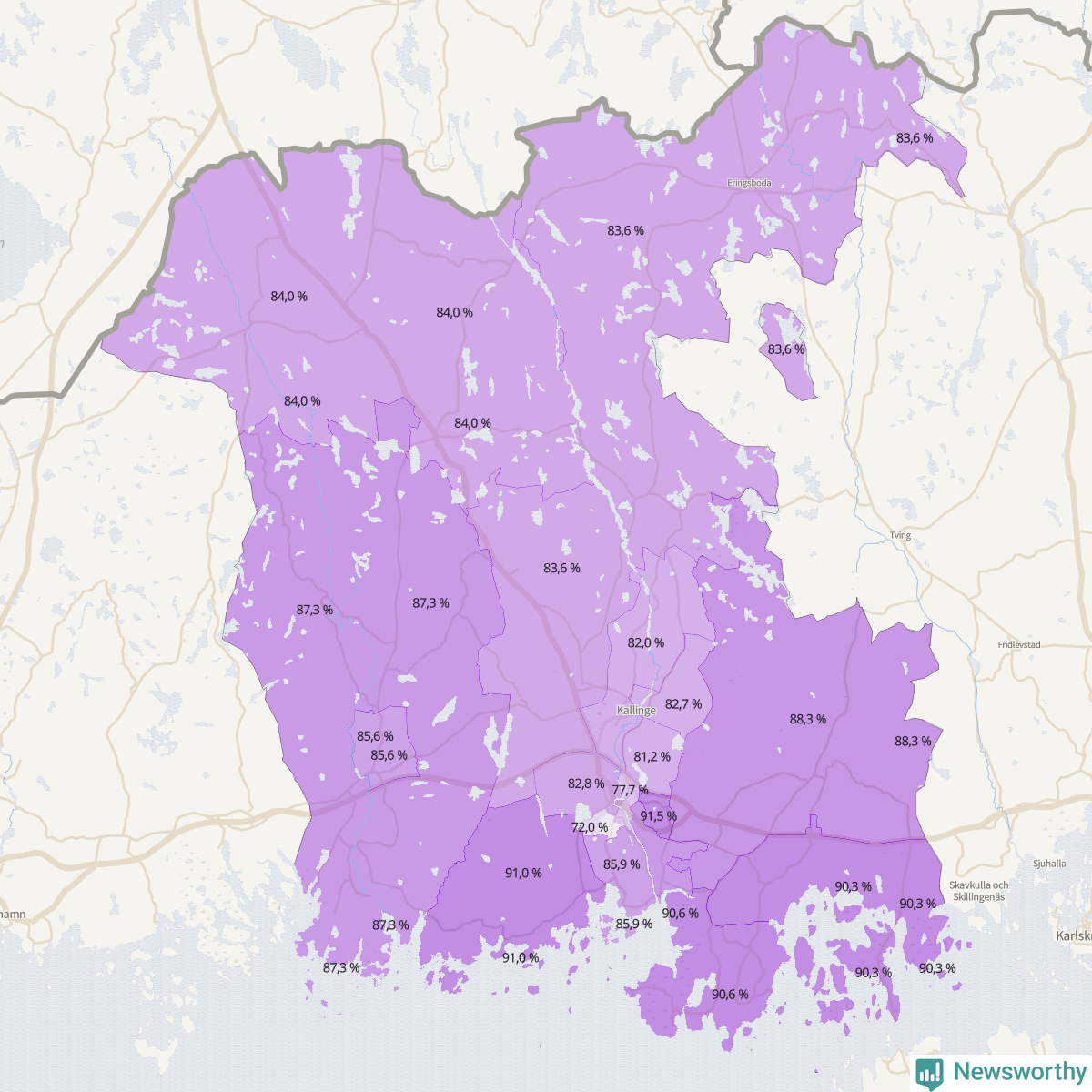 Koroplet-karta över partiets stöd i kommunens valdistrikt. Se tabell.