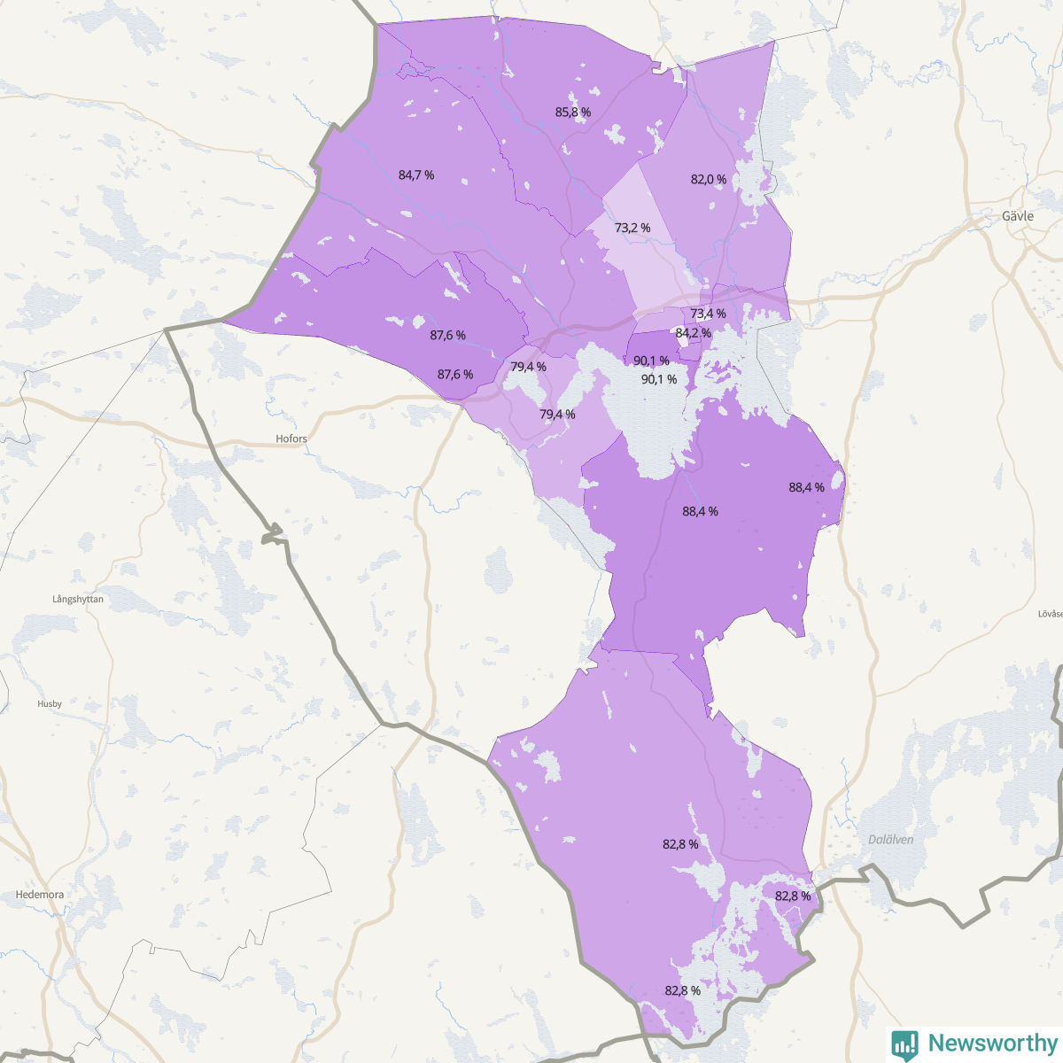 Koroplet-karta över partiets stöd i kommunens valdistrikt. Se tabell.