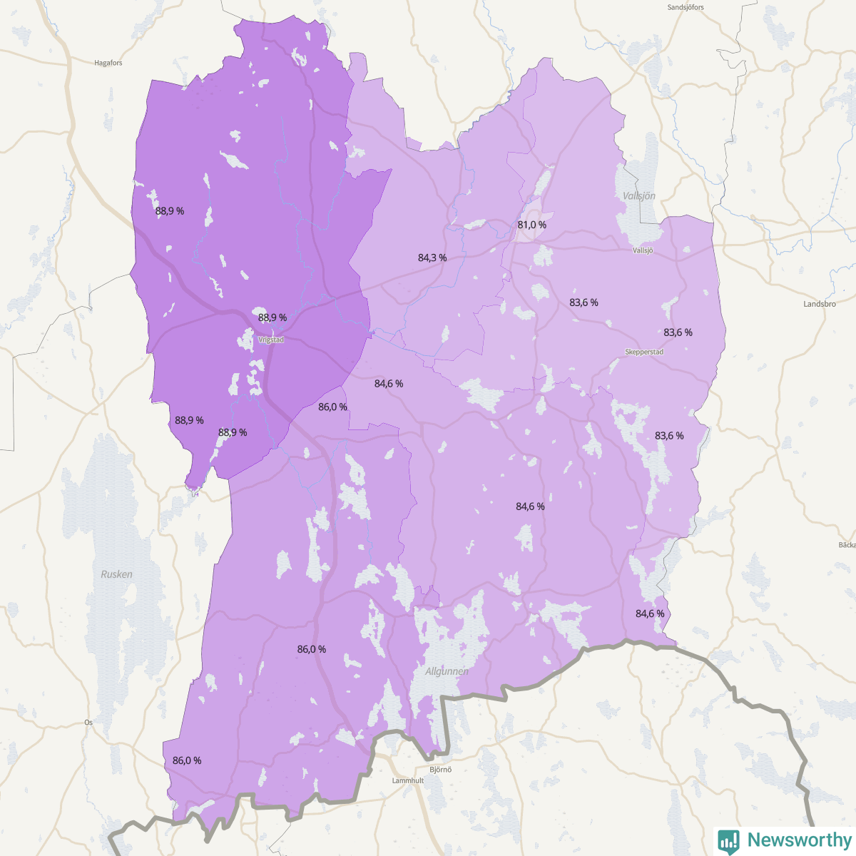 Koroplet-karta över partiets stöd i kommunens valdistrikt. Se tabell.