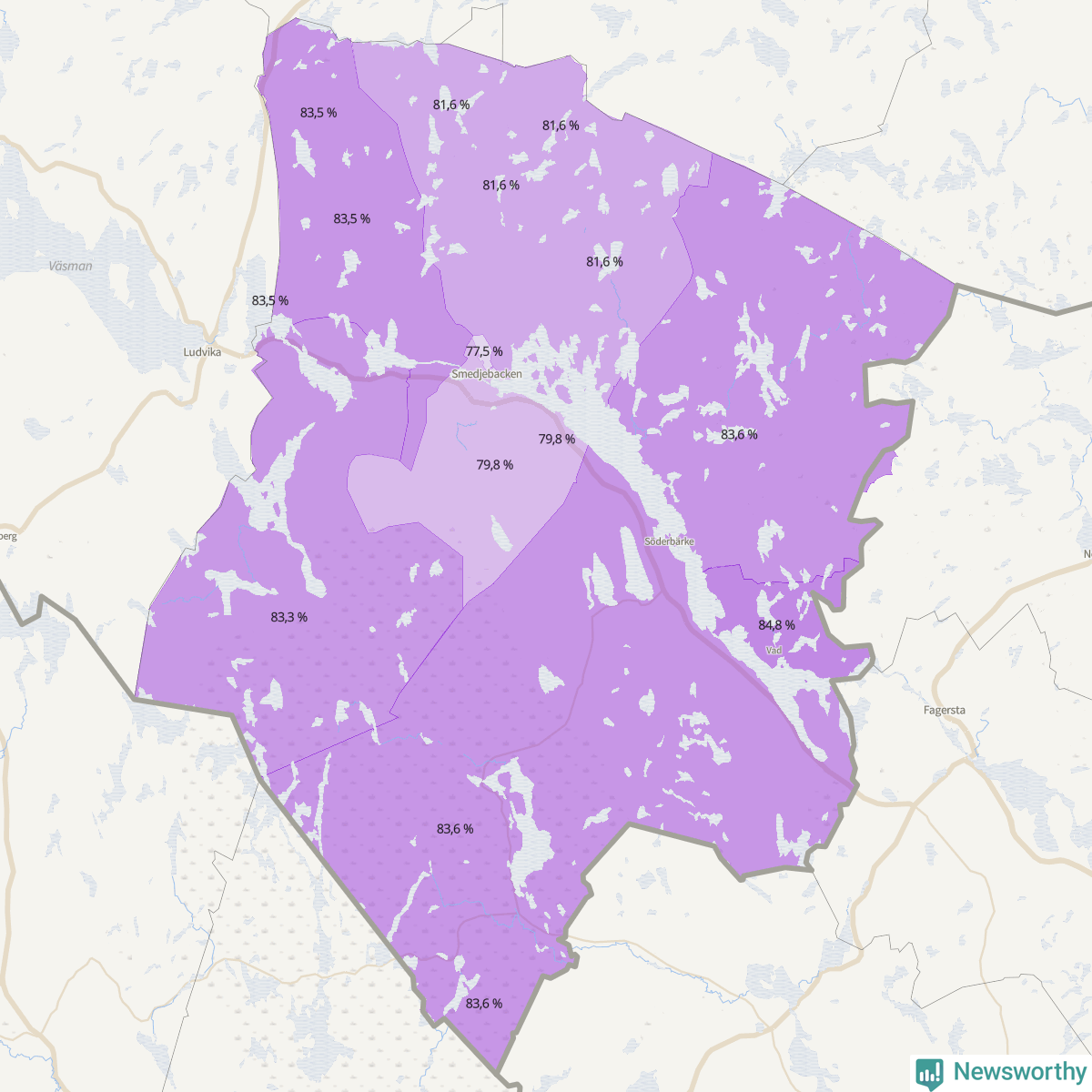 Koroplet-karta över partiets stöd i kommunens valdistrikt. Se tabell.