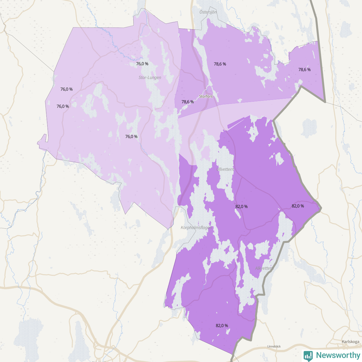 Koroplet-karta över partiets stöd i kommunens valdistrikt. Se tabell.