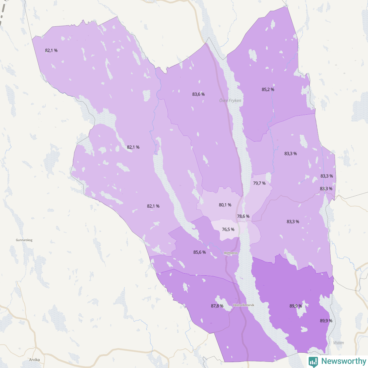 Koroplet-karta över partiets stöd i kommunens valdistrikt. Se tabell.