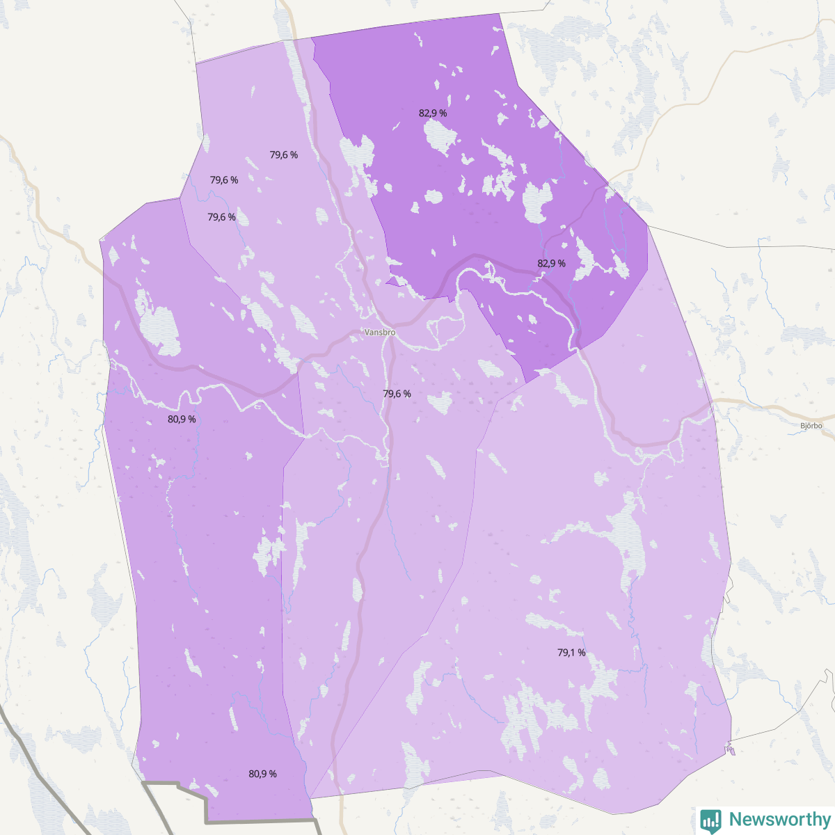 Koroplet-karta över partiets stöd i kommunens valdistrikt. Se tabell.