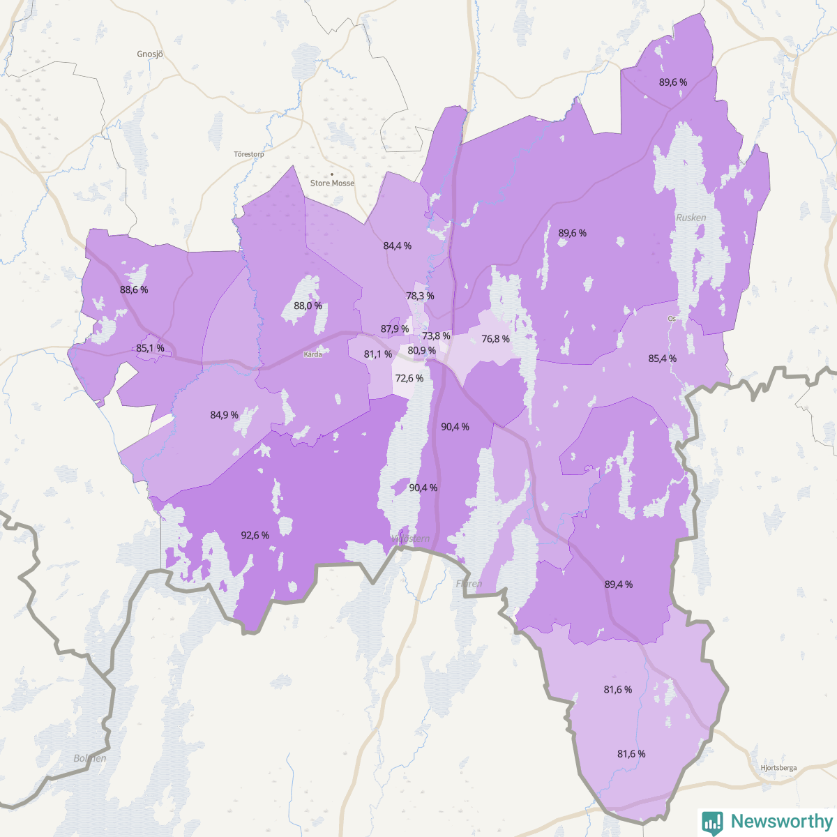 Koroplet-karta över partiets stöd i kommunens valdistrikt. Se tabell.