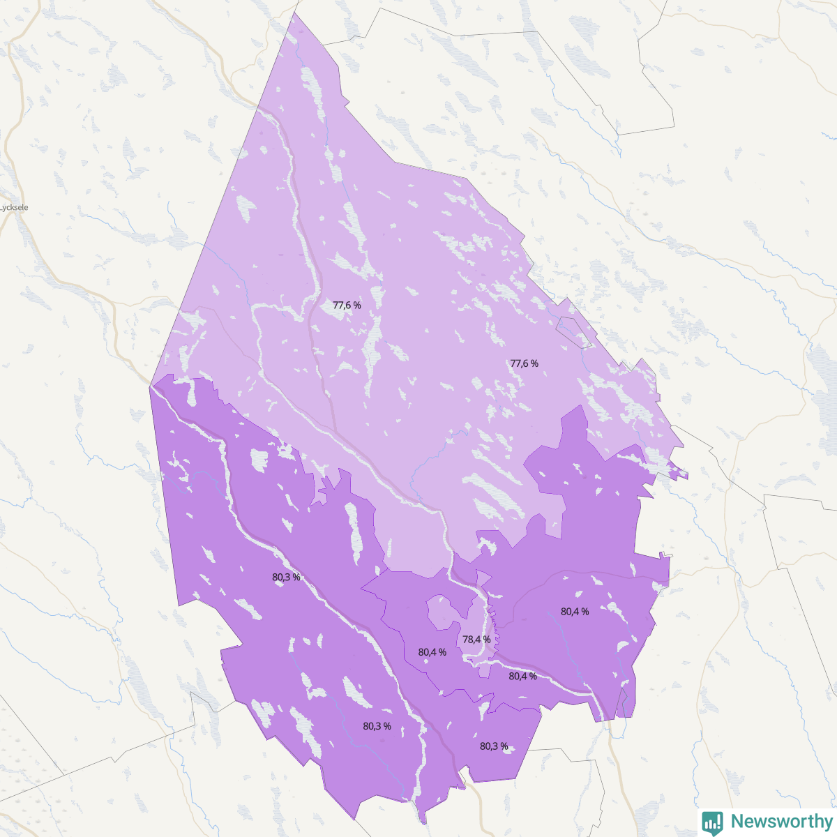 Koroplet-karta över partiets stöd i kommunens valdistrikt. Se tabell.