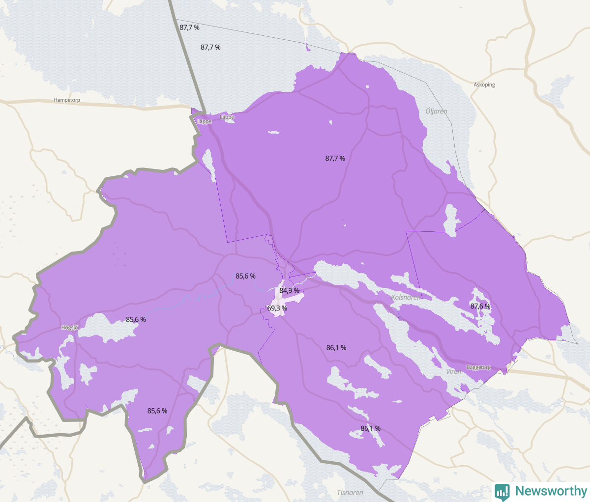 Koroplet-karta över partiets stöd i kommunens valdistrikt. Se tabell.
