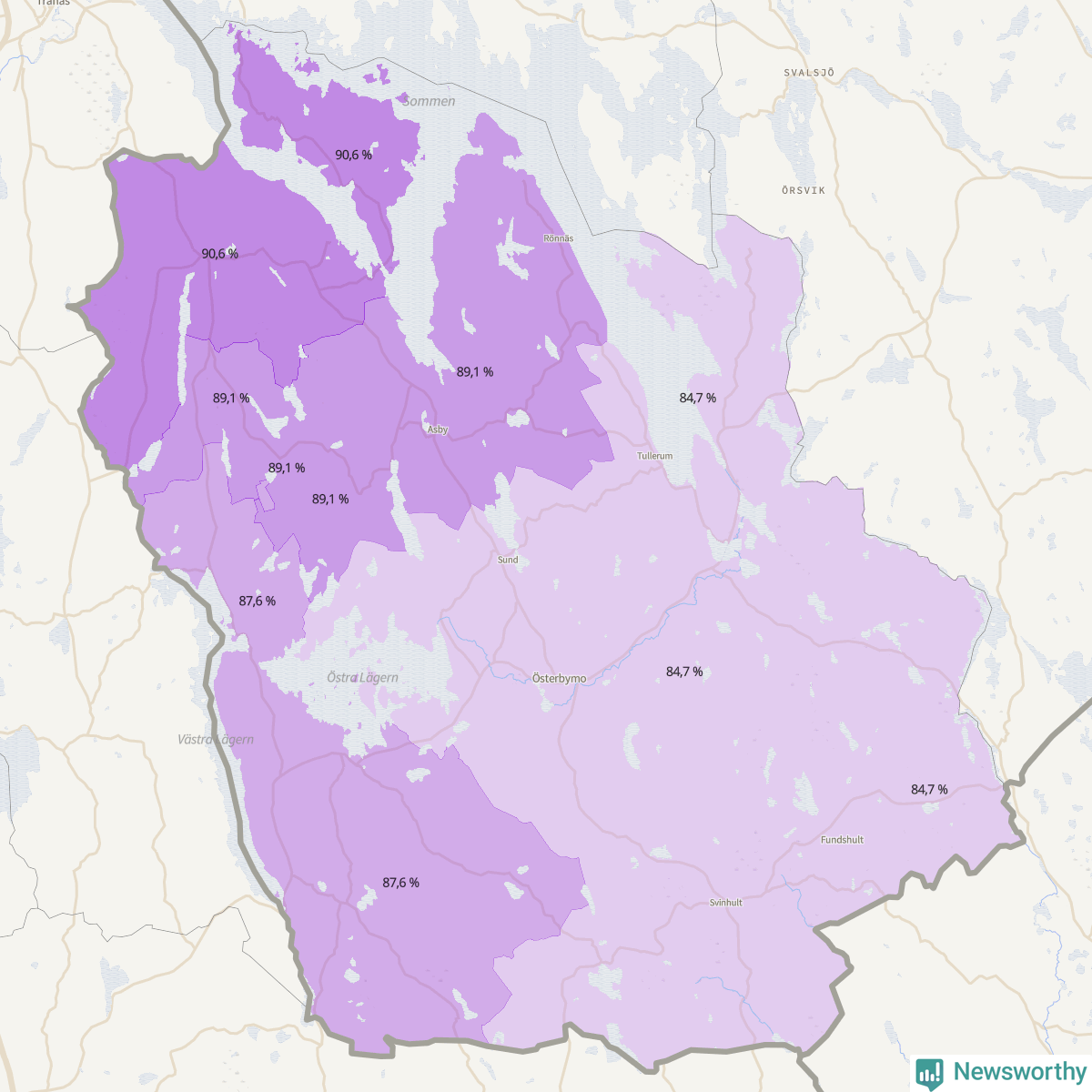 Koroplet-karta över partiets stöd i kommunens valdistrikt. Se tabell.